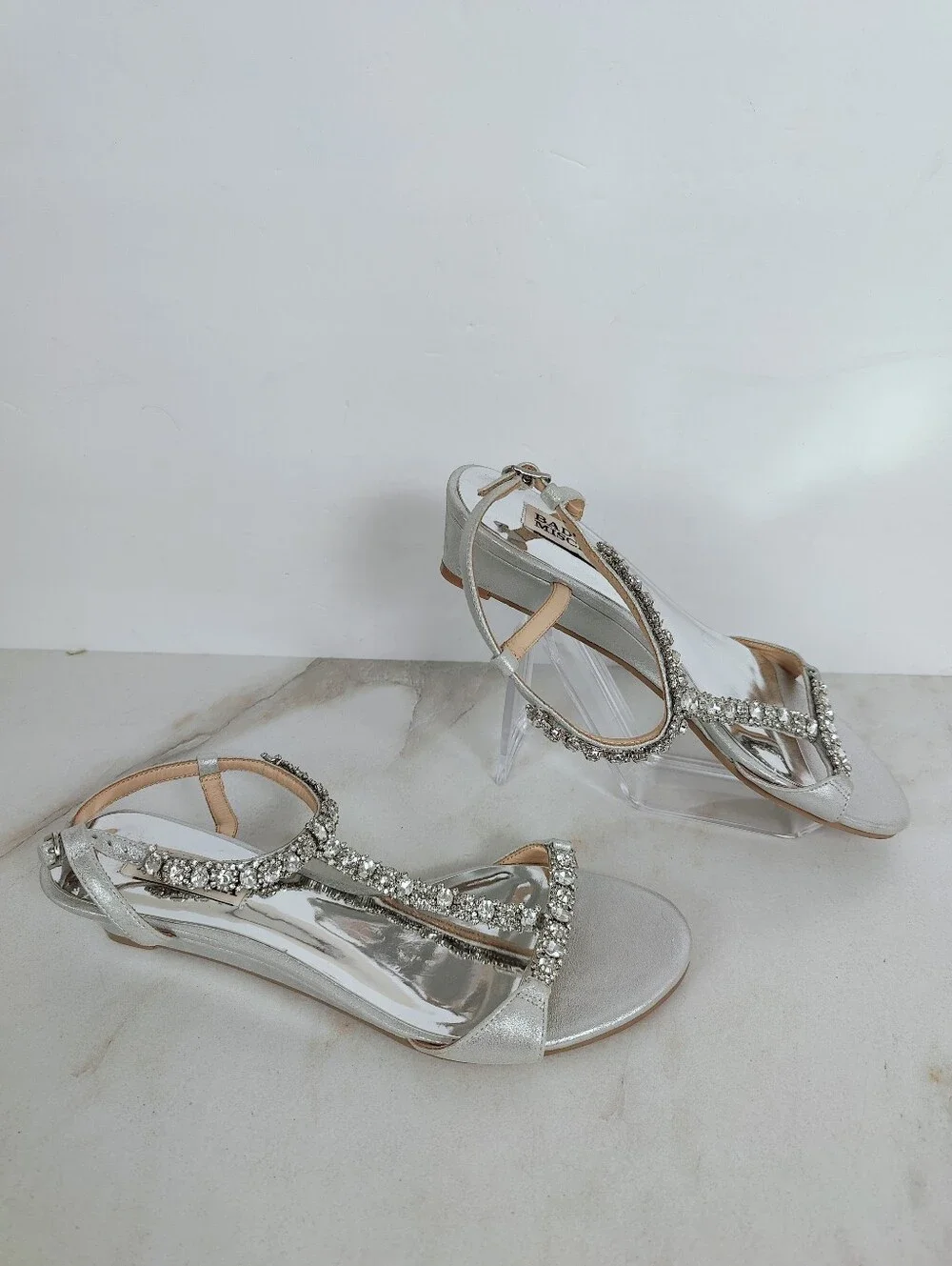 Badgley Mischka Silver Crystal T-Strap Wedge Sandals